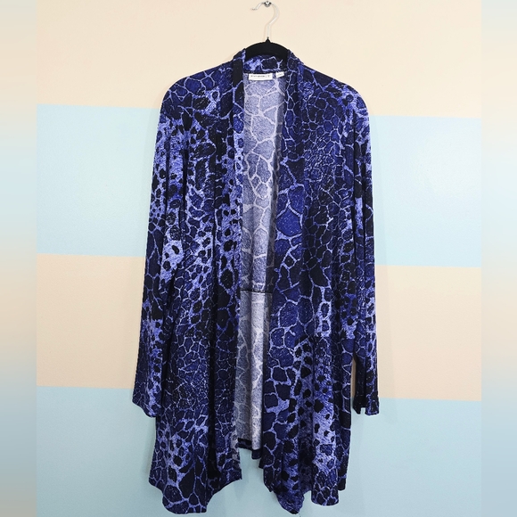 Susan Graver Plus Size Blue and Black Animal Print Cardigan - Picture 2 of 7